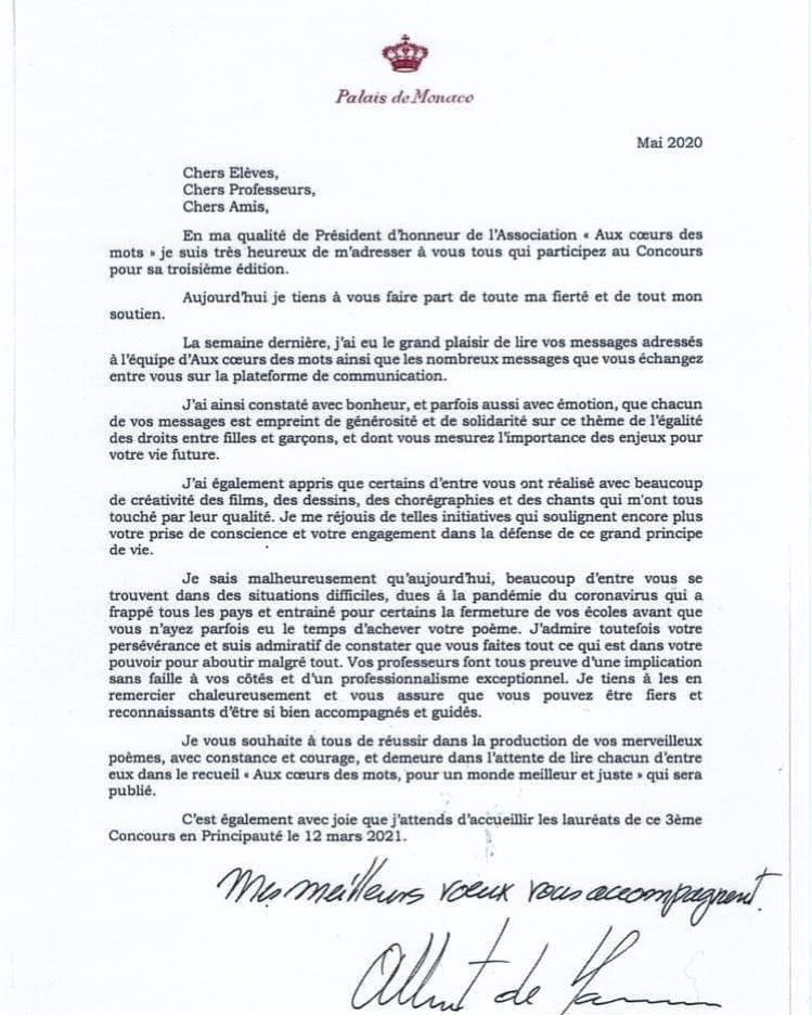 Lettre de SAS le Prince Albert Il